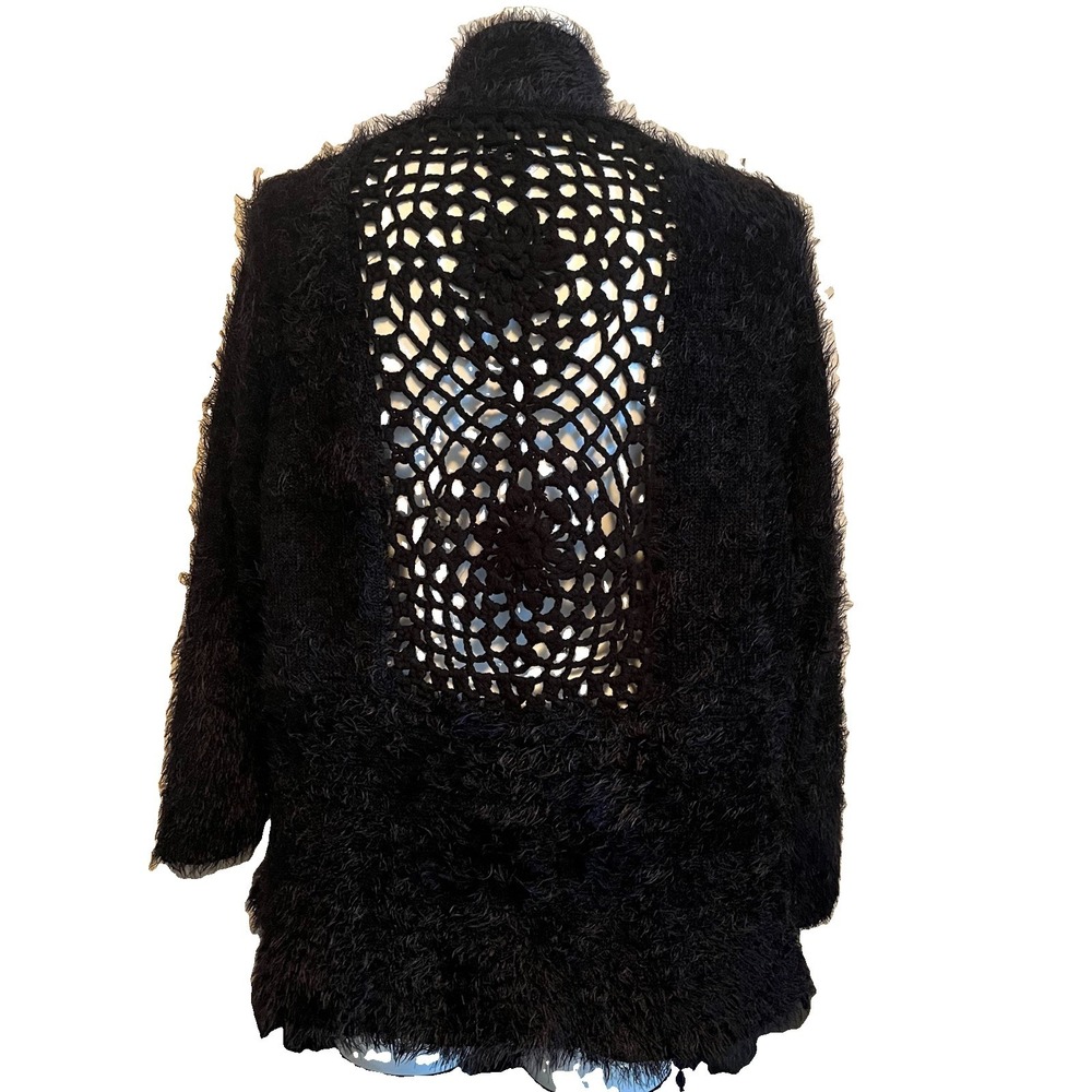 2010s Fuzzy Eyelash Knit Crochet Cardigan 1X Black Open Front Boho Chic Gothic